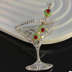 Cocktail Brooch rhinestone stemware pin jewelry olive silver wine martini gift